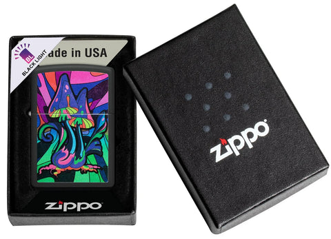 Zippo Lighter - Black Light Vibrant Mushroom