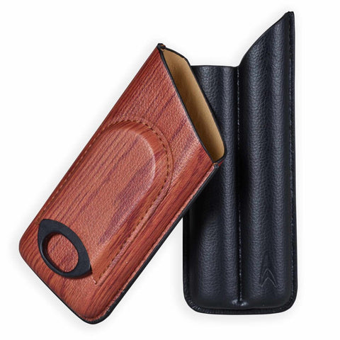 Lotus 2-Stick Cigar Case w/Cutter Gift Set - Wood Print Finish - Lighter USA