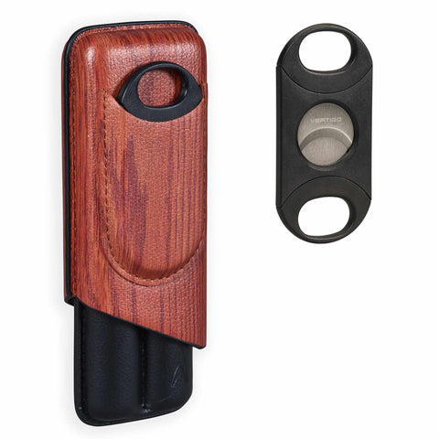 Lotus 2-Stick Cigar Case w/Cutter Gift Set - Wood Print Finish - Lighter USA