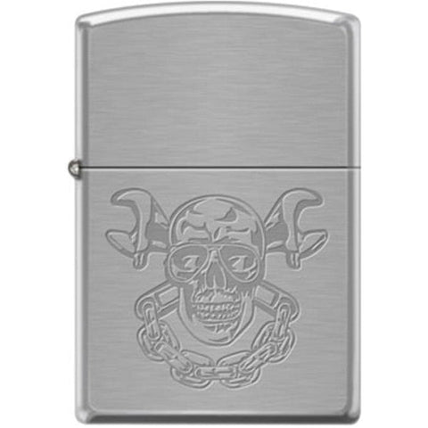 Zippo Lighter - Skull With Wrenches Brushed Chrome - Lighter USA