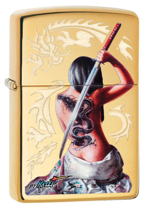 Zippo Lighter - Mazzi Girl Slays Dragon High Polish Brass - Lighter USA