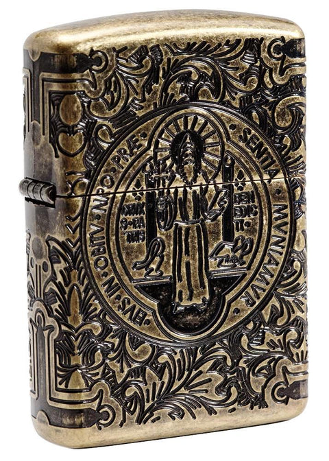 Zippo Lighter - St. Benedict Design Antique Brass - Lighter USA