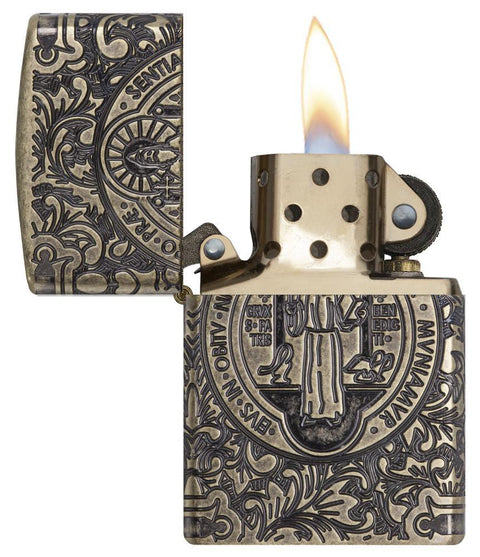 Zippo Lighter - St. Benedict Design Antique Brass - Lighter USA