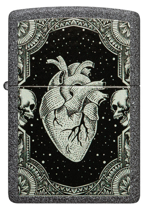 Zippo Lighter - Detailed Heart w/ Skeleton Border