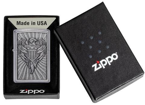 Zippo Lighter - Eagle Shield Emblem Street Chrome Design - Lighter USA