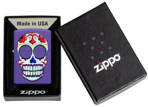 Zippo Lighter - Day of the Dead Sugar Skull on Purple Matte Finish - Lighter USA