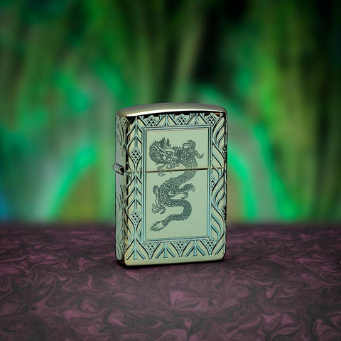 Zippo Lighter - Art Deco Carved Dragon Armor High Polish Green