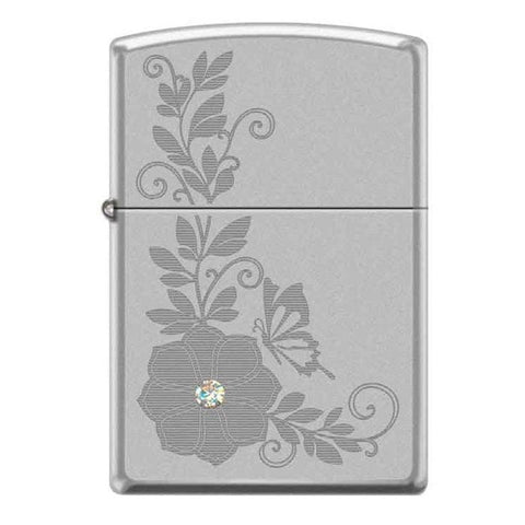 Zippo Lighter - Flower w/ Swarovski Crystal Satin Chrome - Lighter USA