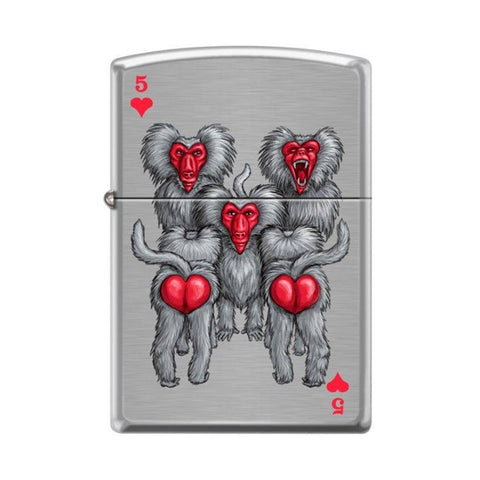 Zippo Lighter - Monkeys 5 of Hearts Brushed Chrome - Lighter USA