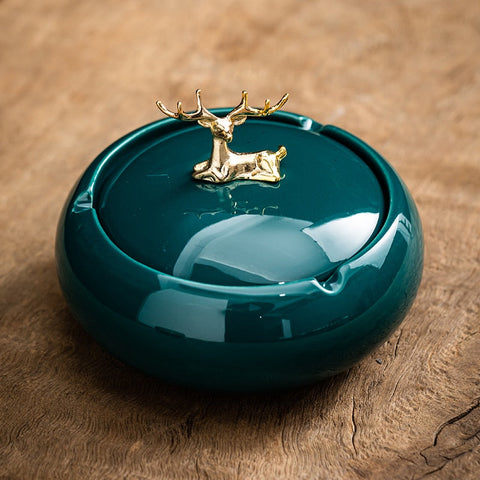 Ceramic Ashtray w/ Deer Knob Lid - Lighter USA