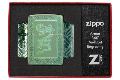 Zippo Lighter - Art Deco Carved Dragon Armor High Polish Green