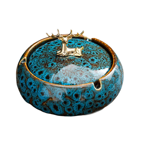 Ceramic Ashtray w/ Deer Knob Lid - Lighter USA