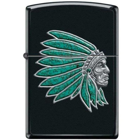 Zippo Lighter - Chief With Turquoise Feathers Black Matte - Lighter USA