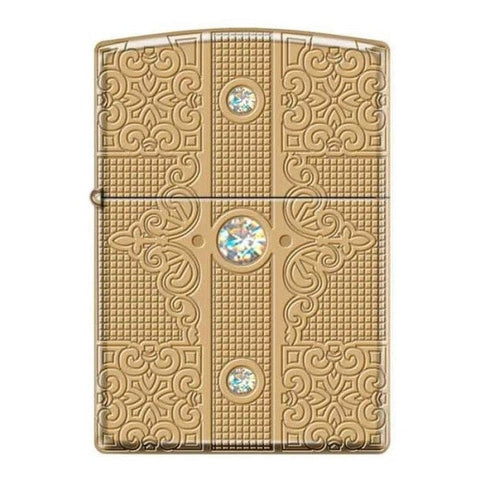 Zippo Lighter - Deep Carved Walled Solid Brass w/ 3 Swarovski Crystals - Lighter USA