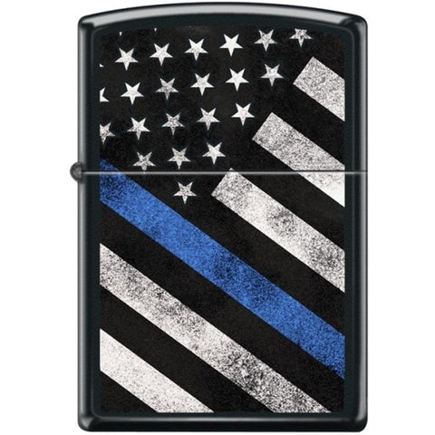 Zippo Lighter - Flag w/ Thin Blue Line Black Matte - Lighter USA