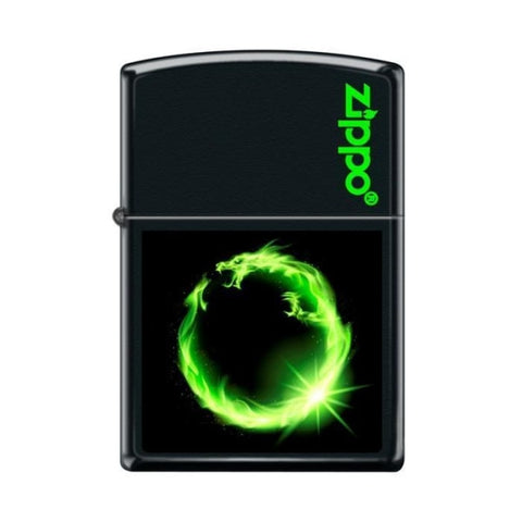 Zippo Lighter - Green Fire Dragon Ring Black Matte - Lighter USA