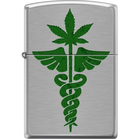 Zippo Lighter - Medical Symbol & Pot Leaf Brushed Chrome - Lighter USA